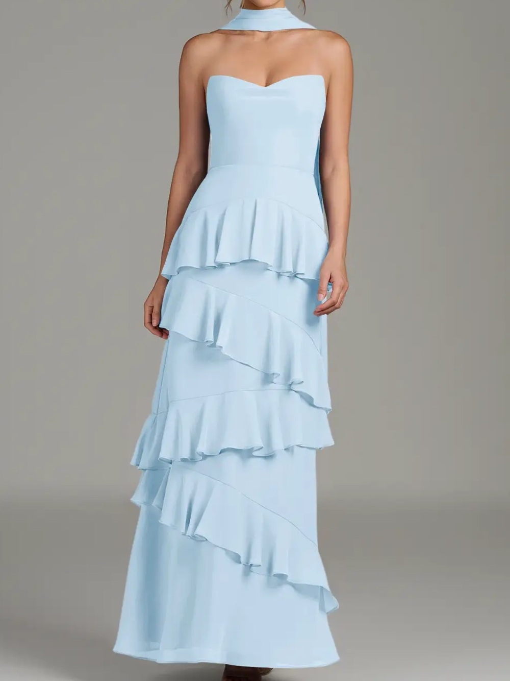 Azazie Imani A-Line Ruched Ruffle Chiffon Strapless Dress Sky Blue Size 4